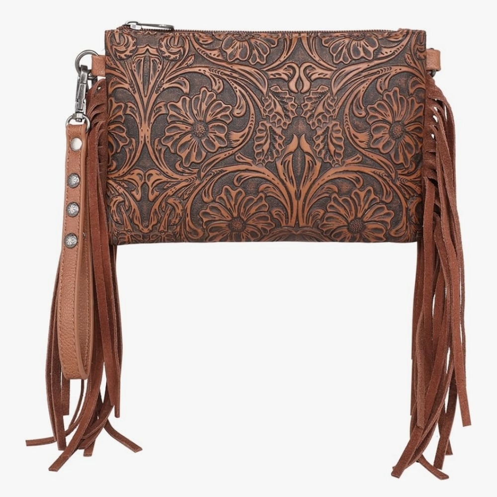 🆕️ Montana West Brown Embossed Leather Fringe Western Clutch/Crossbody